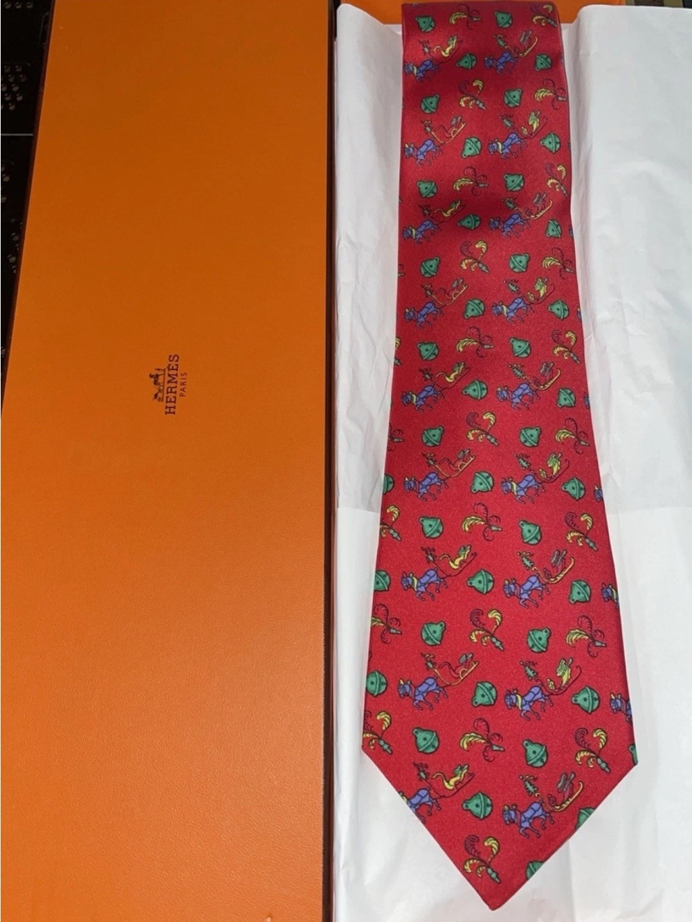Red Silk Hermes Men's Holiday Tie with Box